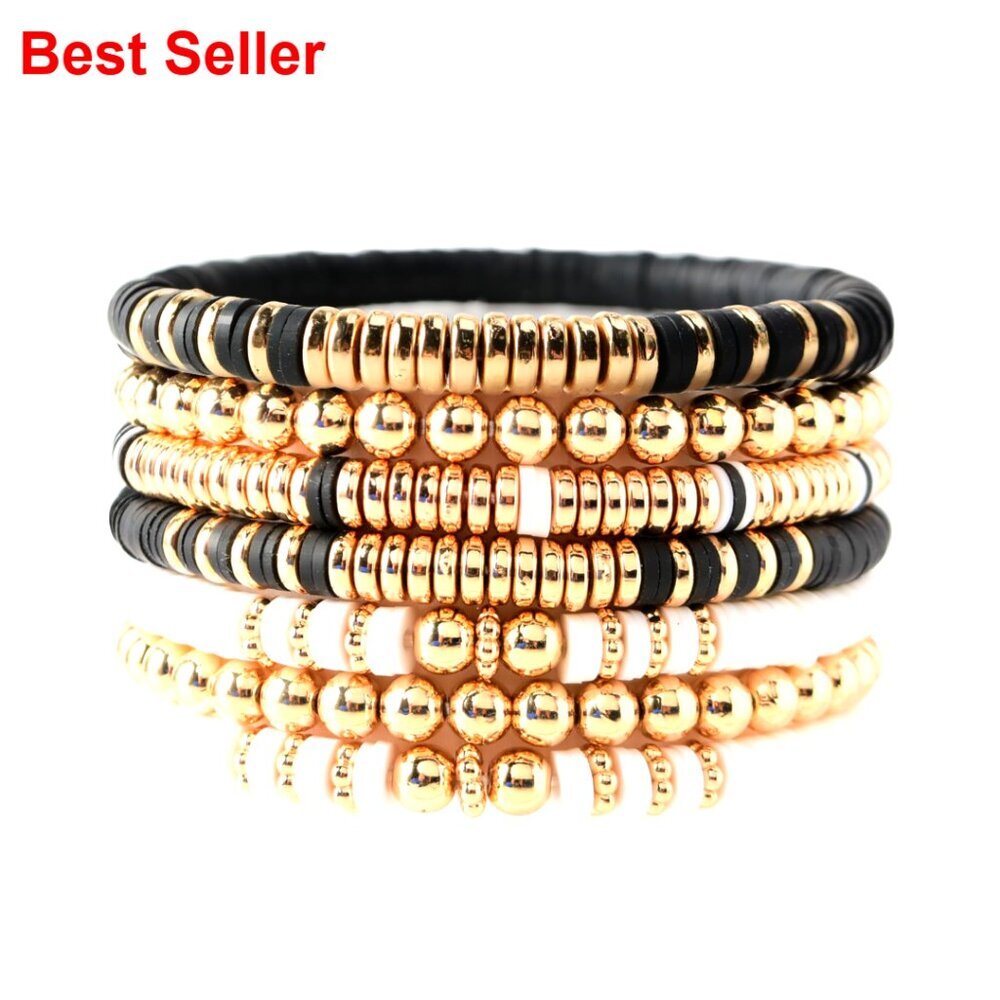 Gold Plated Polymer Clay Bead Stretch Bracelets Bohemian Stackable Set